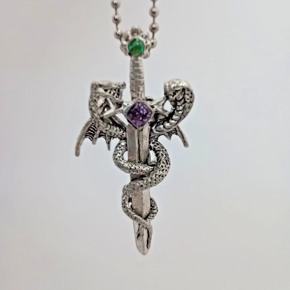 CCI Dragon Sword Pendant Necklace Gothic Fantasy Silver Tone 2 1/2 Inch